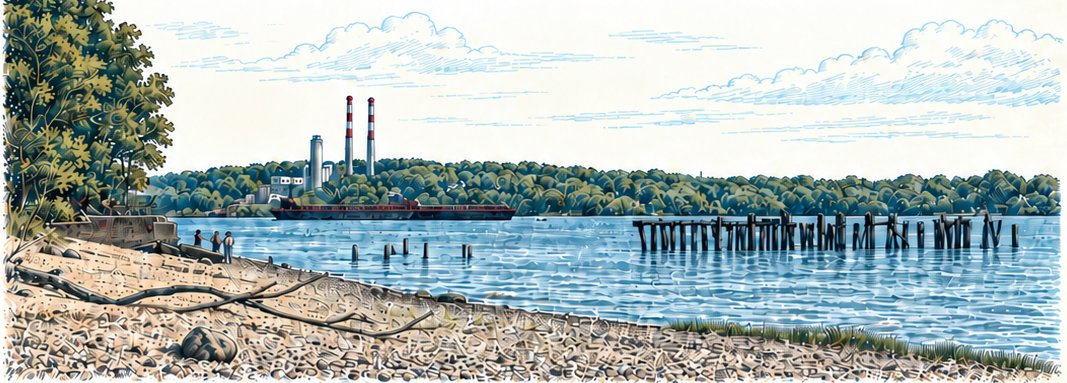 Hand-drawn view of a North Shore harbor: a pebble beach, old dock pilings, a barge on calm water, and the smokestacks rising above the wooded shoreline.